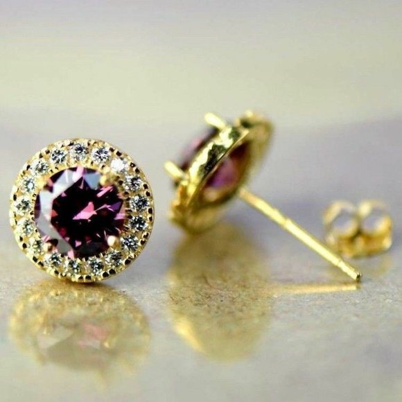 Solid 14K Yellow Gold Round Halo Push Back Earrings with Sparkling Birthstone - Picture 7 of 15